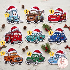 Écusson thermocollant brodé Voiture de course de Noël, écusson dessin animé, écusson pour vestes, chapeaux, sacs, cadeau voiture éclair pour lui, voyage magique