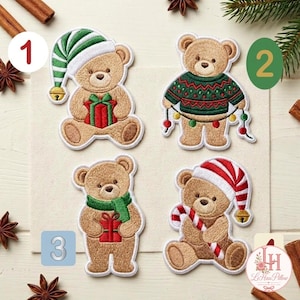 May include: Four embroidered teddy bear patches. One wears a green and white striped hat and holds a red gift. One wears a green and red patterned jumper and holds string lights. One wears a green scarf and holds a red gift. One wears a red and white striped hat and holds a candy cane.