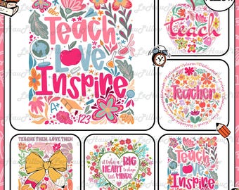 5 Retro Boho School Teacher Png Bundle, Teach Them Png, Inspirational Back to School Png, Cute Teacher Appreciation Png, Boho Wildflowers