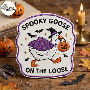 Parche bordado de ganso espeluznante para Halloween, parche termoadhesivo de ganso bruja, parche de ganso de Halloween, parche de calabaza y murciélago, mochila para chaqueta de temporada espeluznante
