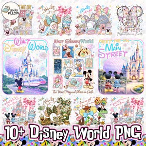 Op de afbeelding: Een verzameling Disney World PNG-afbeeldingen met verschillende personages, kastelen en parkelementen. De afbeeldingen bevatten Mickey en Minnie Mouse, het kasteel van Assepoester en de tekst "Meet Me On Main Street". De onderkant van de afbeelding luidt "10+ Disney World PNG".