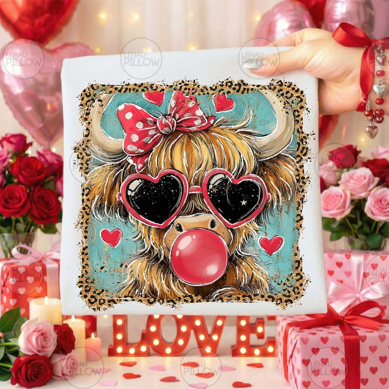 Peut inclure: Impression sur toile carr&eacute;e d'une vache des Highlands avec des lunettes en forme de c&oelig;ur et une bulle de chewing-gum. La vache a un n&oelig;ud rouge et est entour&eacute;e de c&oelig;urs et d'une bordure l&eacute;opard. Le mot "LOVE" est &eacute;crit en lettres lumineuses.