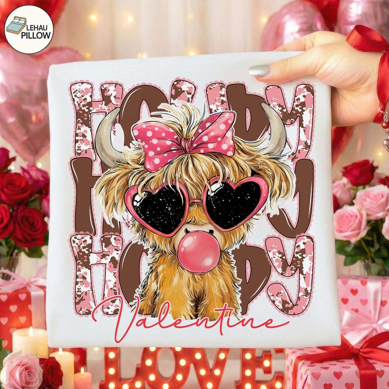 May include: White square pillow with a cartoon Highland cow wearing heart-shaped sunglasses and a pink bow. The words "Happy Valentine" are printed in brown and pink. The cow is blowing a pink bubble.