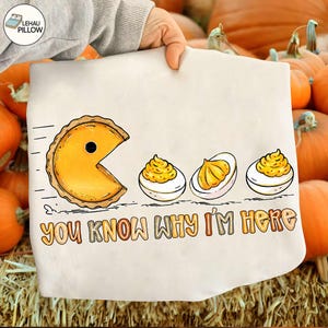 May include: A cream-colored pillow with a humorous design featuring a pie-shaped Pac-Man character and deviled eggs. The text "YOU KNOW WHY I'M HERE" is printed below the images. The pillow is held up by a person.