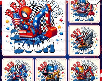 Paquete de imágenes PNG del 4 de julio, imágenes PNG de superhéroes del 4 de julio, diseño de sublimación de camión para cumpleaños de niños, camión patriótico PNG, archivo PNG de superhéroe