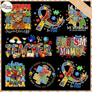 Puede incluir: Una colección de diseños coloridos con texto relacionado con la concienciación sobre el autismo. Los diseños incluyen piezas de rompecabezas, cintas y las palabras "Autismo", "Maestro" y "Mamá". La paleta de colores incluye azul, verde, amarillo y rojo.