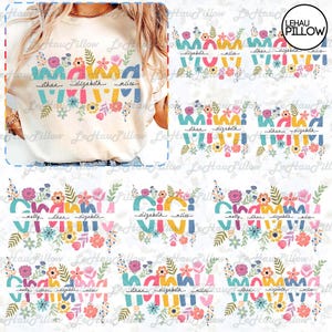 May include: A digital design featuring the word "Mama" with floral accents in pink, yellow, blue, and green. The names "Ethan", "Elizabeth", and "Miles" are written below the word "Mama".