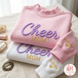 Personalized Cheer Mom Fuzzy Letter Shirt, Embroidered Custom Chenille Yarn Mockneck Sweatshirt, College Cheer Name Crewneck, College Gift