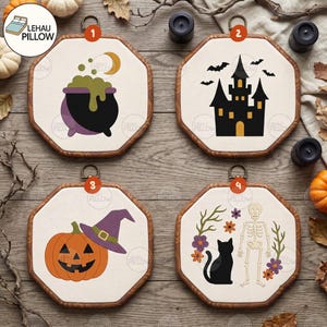 Telaio da ricamo di Halloween, decorazioni autunnali spettrali, calderone da strega, castello infestato, zucca, gatto scheletro, decorazioni gotiche per la casa, idea regalo di Halloween