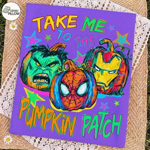 May include: A rectangular purple canvas featuring the text TAKE ME TO THE PUMPKIN PATCH in yellow and green. The design includes three pumpkins illustrated as superhero characters, surrounded by colorful stars on a vibrant purple background.