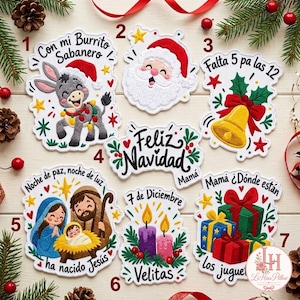 May include: Seven embroidered patches with Christmas themes. Designs include a donkey with a Santa hat, Santa Claus, a bell, the text Feliz Navidad, a nativity scene, two candles, and wrapped gifts, all featuring festive holiday text.