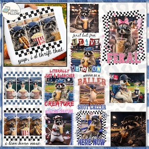Può includere: Una collezione di grafiche con procioni, anatre e oche in varie pose. Le immagini includono testo come "yup, i d thrift that", "feral but free" e "i live here now". I disegni incorporano temi e accessori del baseball.