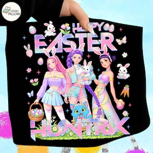 May include: Black pillowcase with a colorful graphic featuring three anime-style figures wearing bunny ears, surrounded by Easter eggs, bunnies, and flowers. The text "HAPPY EASTER" and "HUNTRIX" are displayed.