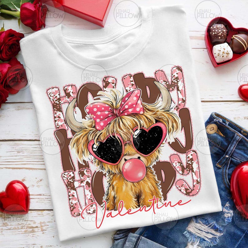 May include: White t-shirt with a graphic of a Highland cow wearing heart-shaped sunglasses and a pink bow. The text "Happy Valentine" is displayed in pink and brown. A bubblegum bubble is visible.