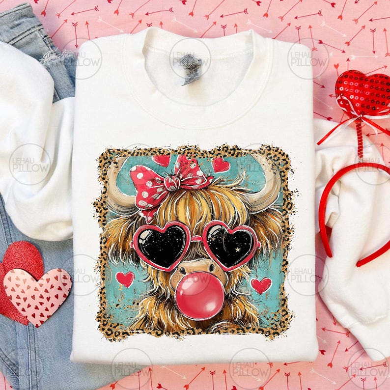 Peut inclure: Sweat-shirt blanc avec une vache des Highlands de dessin anim&eacute; portant des lunettes de soleil en forme de c&oelig;ur et une bulle de chewing-gum. La vache a un n&oelig;ud rouge et est entour&eacute;e de c&oelig;urs. Le motif est encadr&eacute; d'une bordure l&eacute;opard.