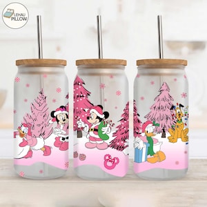 Pink Christmas Mouse And Tree Glass Can Sublimation PNG, Xmas Cartoon Coffee 16oz Libbey Glass Can Wrap Design Png Design