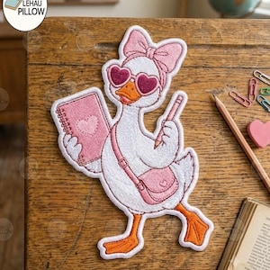 Niedlicher Enten-Stickaufnäher, Schulanfangsaufnäher, Aufbügelaufnäher im Preppy-Stil, Ästhetischer Schulaufnäher, Kawaii-Tierapplikation, Rucksackaufnäher
