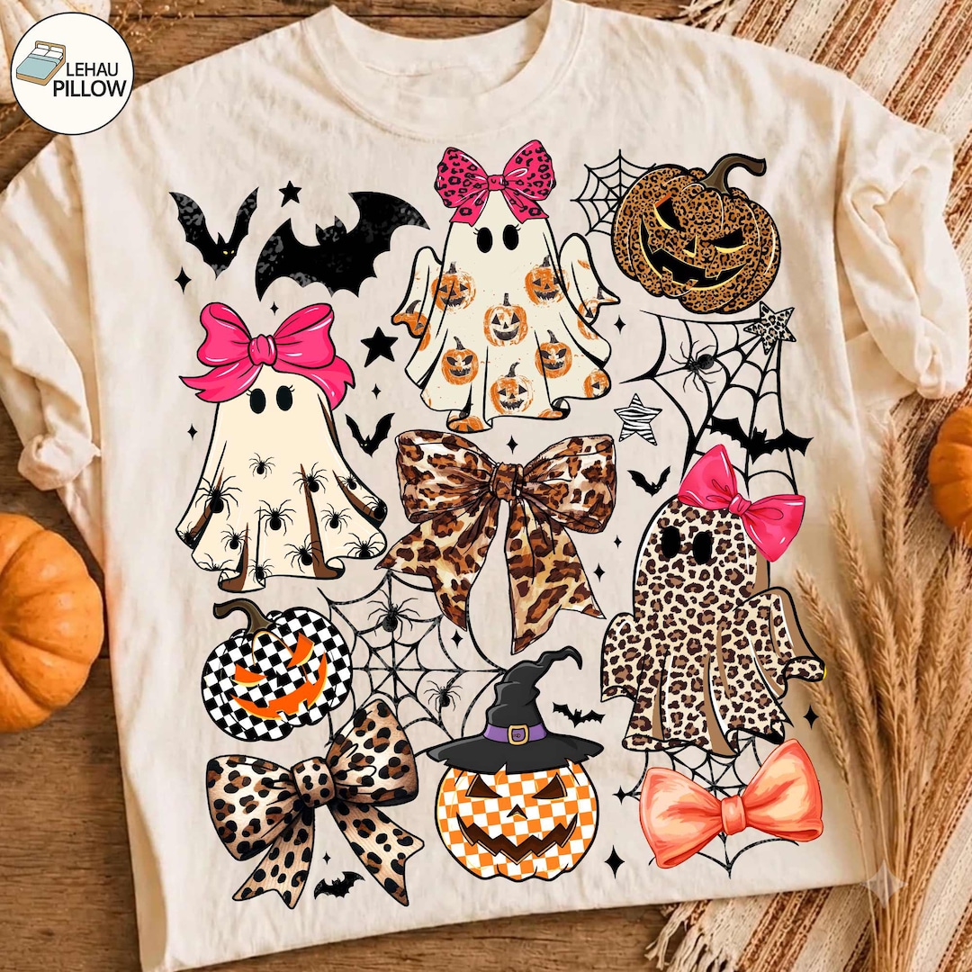 Coquette Leopard Pumpkin Ghost PNG, Retro Halloween Girly Ghost Sublimation, Retro Checker