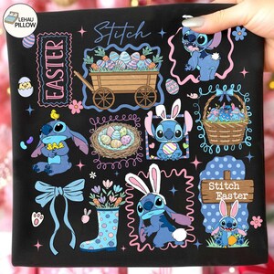 May include: Black pillowcase with a Stitch design, incorporating Easter elements. The design includes Easter eggs, a wooden cart, a nest, and Stitch wearing bunny ears. The word "Easter" is displayed vertically, and the word "Stitch" is written in cursive.