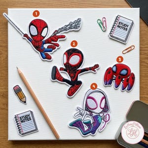 May include: Four embroidered patches featuring stylised superhero characters in red, blue, black, and white. Patch 1 shows a character shooting a web, patch 2 is a leaping figure, patch 3 is a multi-legged creature, and patch 4 is a hooded character.