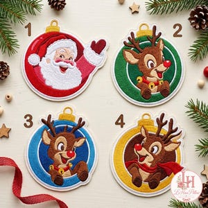 May include: Four embroidered Christmas ornament patches labeled 1 through 4. Patch 1 features Santa Claus in a red ornament. Patch 2 shows a reindeer in a green ornament. Patch 3 depicts a reindeer in a blue ornament. Patch 4 shows a reindeer in a yellow ornament.