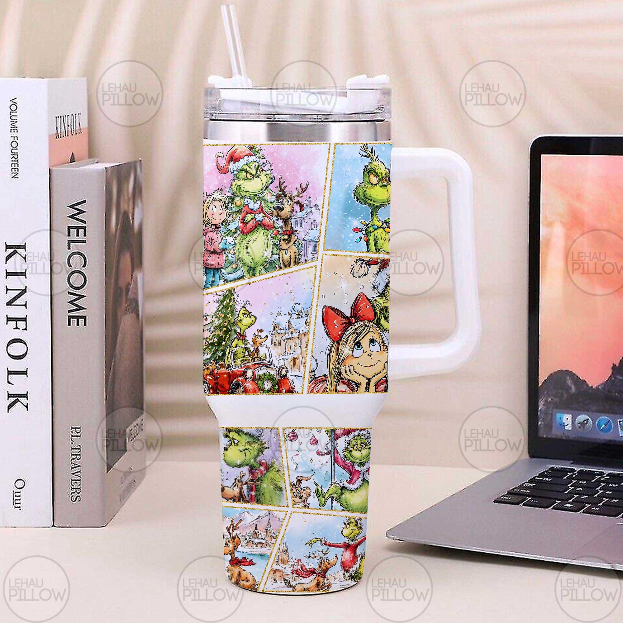 Discover 40 oz Christmas Themed Tumbler with Handle, Green Character, Funny Thief
