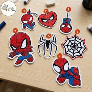 May include: Seven embroidered patches featuring Spider-Man themes, including three character figures, a heart shape, a spider emblem, and a web design. Each patch is numbered from one to seven, showcasing red, blue, black, and white thread colors.