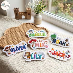 May include: Six custom embroidered name patches featuring Toy Story characters. The patches display the names Oliver, Charlie, Mia, Lily, Noah, and Jack, each accompanied by a character like Woody, Buzz Lightyear, Jessie, Slinky Dog, Rex, or Forky.