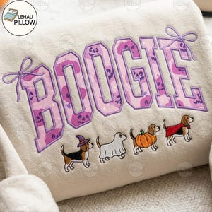 Felpa di Halloween con applicazione ricamata Boogie, maglietta divertente per la mamma di un beagle, maglietta spettrale con beagle, girocollo di Halloween con beagle, per gli amanti dei cani in autunno