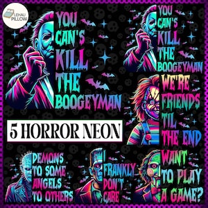 Horror Halloween Neon Png-Bundle, Bunte Blumen Gruselige Saison Png, Retro Horrorfilm Png, Charaktere Gruselig Png, Neon Kürbis Halloween