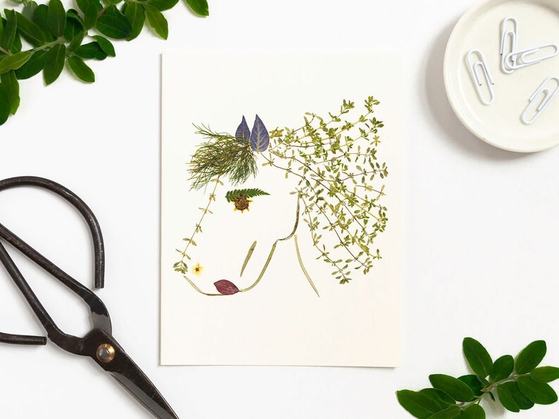 May include: A white card with a horse silhouette made from pressed flowers and leaves. The horse has a purple flower for an ear, green leaves for its mane, and a yellow flower for an eye.