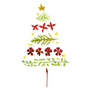 以下が含まれることがあります： 押し花と葉でできたクリスマスツリー。ツリーは赤と黄色の花、緑の葉、そして頂上に黄色の星で飾られています。