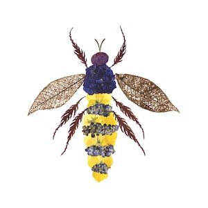 Gepresste Blume Kunstdruck einer HUMMEL - Botanische Kunst, Notecard aus Blüten und Blättern, Garten Karte, Floral Karte, Save The Bees