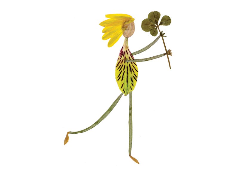 May include: A whimsical figure made from pressed flowers and leaves. The figure has yellow hair, a yellow and green dress, and is holding a four-leaf clover.