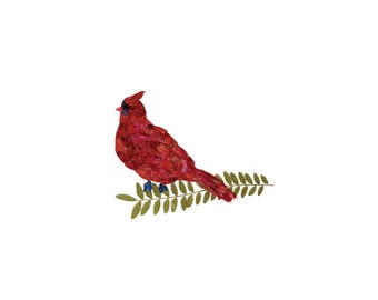 CARDINAL - Pressed flower art print of a red bird - Garden notecard designed from the blossoms of red salvia