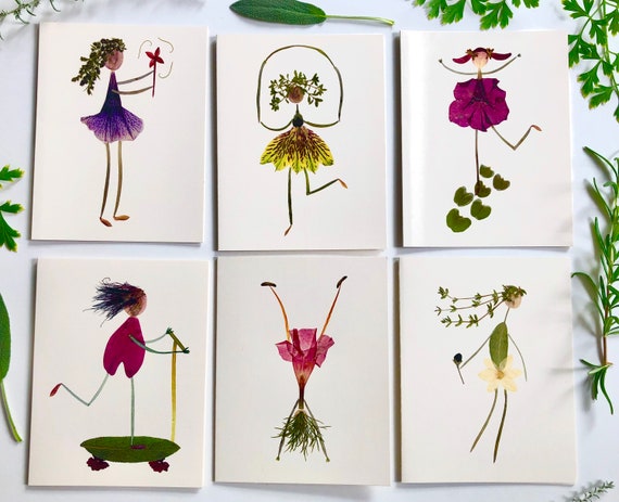 Pressed Flower Notecard Set: Botanical Art Cards for Gardener, print of petal people