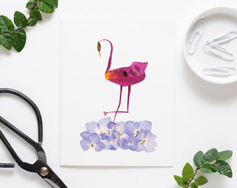 Flamingo Note Card: Pressed Flower Art Print, Tropical Bird