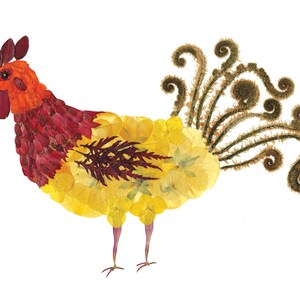 COCK-A-DOODLE-DOO - Impressão artística de flores prensadas de um galo - Arte botânica, cartão de visita criado a partir de plantas, Cartão de jardim, Cartão floral