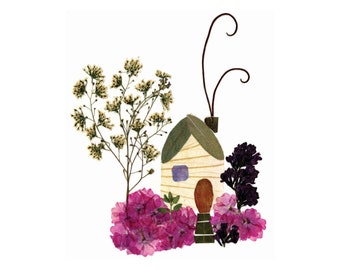 Pressed flower art - HOME SWEET HOME, Botanical art, Garden notecard, Petal art greeting card for housewarming, moving, homecoming, new home