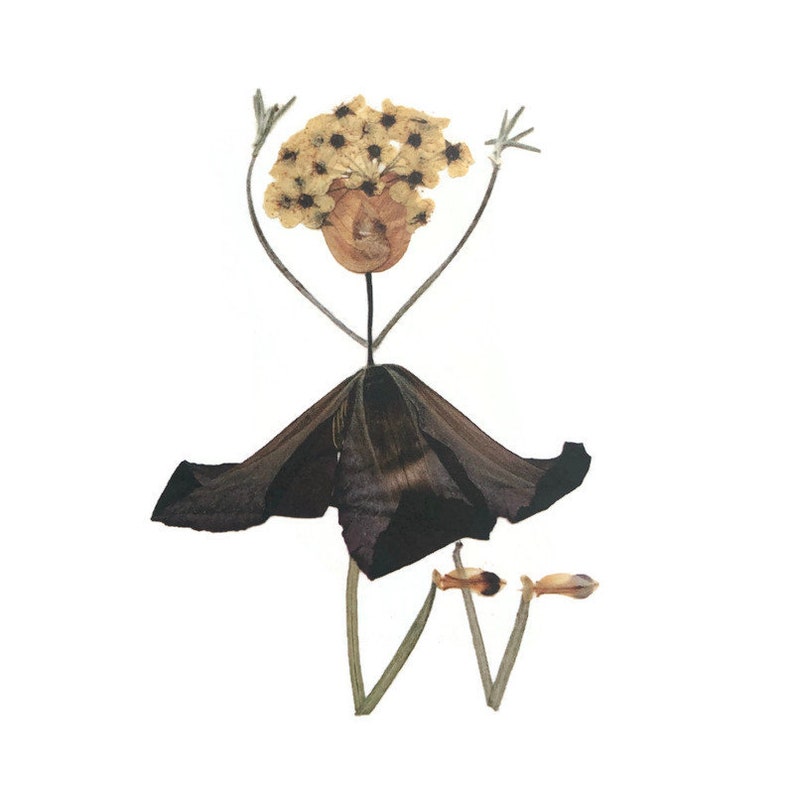 May include: A whimsical figure made from dried flowers. The figure has a head of small yellow flowers, a brown body, and a dark purple skirt. The figure is standing with its arms raised.