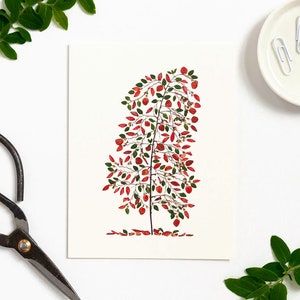 ESTACIONES - Árbol de otoño, Arte de flores prensadas, Tarjeta de felicitación botánica, Hojas rojas y verdes, Oshibana