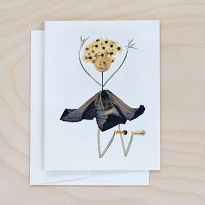 May include: A greeting card featuring a whimsical figure made of pressed flowers. The figure has a yellow flower crown, a dark purple dress, and outstretched arms.