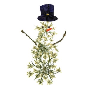 MUÑECO DE NIEVE - Tarjeta navideña de invierno diseñada con flores prensadas - Impresión digital de arte botánico
