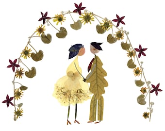 FOR KEEPS - Pressed Flower Bride & Groom Card Print: Botanical Wedding Anniversary Notecard