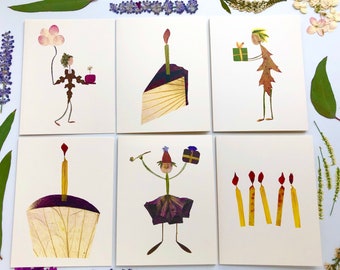 Set di biglietti di auguri di compleanno botanici: stampe di persone con petali