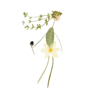 TANZ - Gepresste Blumenkunst eines tanzenden Mädchens - Botanische Grußkarte - Garten Grußkarte - Zierapfel, Thymian, Salbei, Tränendes Herz - Oshibana
