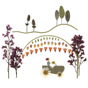 FAZENDEIRO no DELL - Cartão com tema de fazenda e campo com pessoa de pétala em um trator - Cartão de flores prensadas - Impressão de arte botânica original