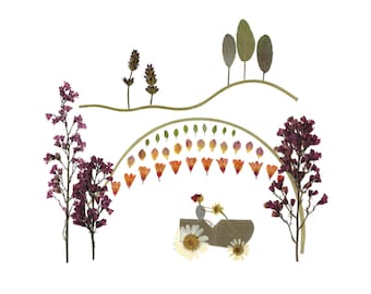 Farmer in the Dell - Pressed Flower Notecard: Farm scene with a Tractor Botanical Art Print