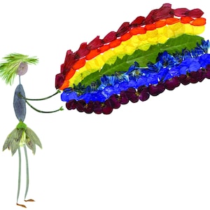 RAINBOW - Botanische geperste bloemenkunst van een grillig figuur met een regenboog, LBTGQ+, regenboogbrug, uitnodiging voor kinderfeestje