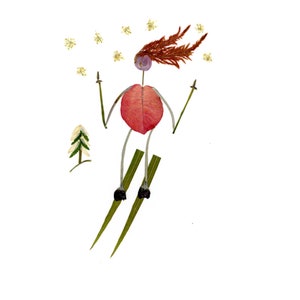 CHEGA ÀS PISTAS - Cartão botânico de um esquiador para o amante da natureza ou pessoa ativa - Arte com flores prensadas